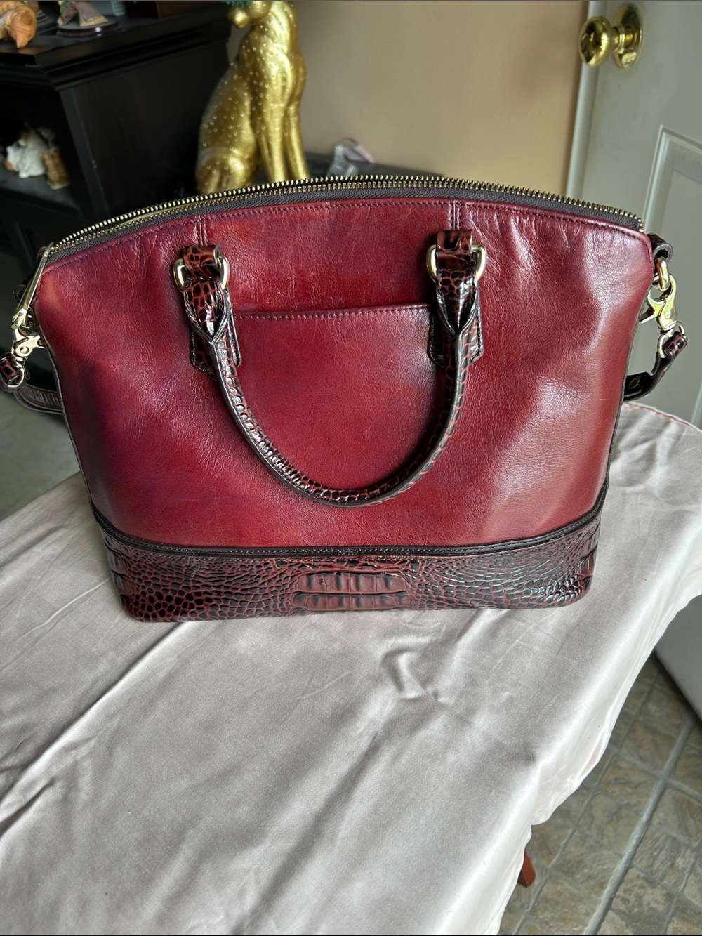 Brahmin Burgundy Leather Satchel with Croc-Embossed Trim - Picture 3 of 16
